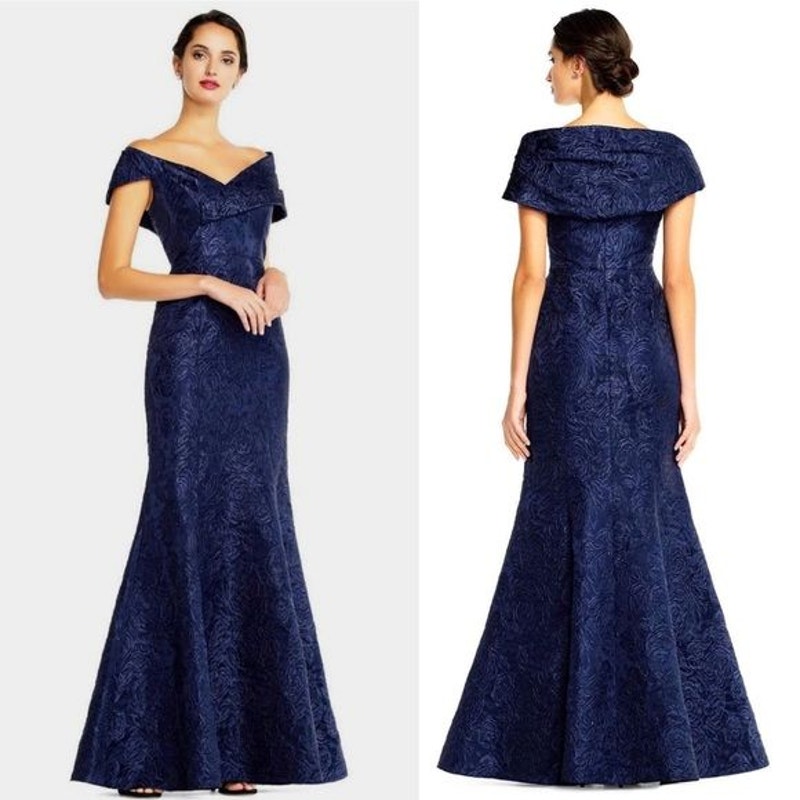 Aidan Mattox Portrait Collar Jacquard Trumpet Gown Size 0 Blue New